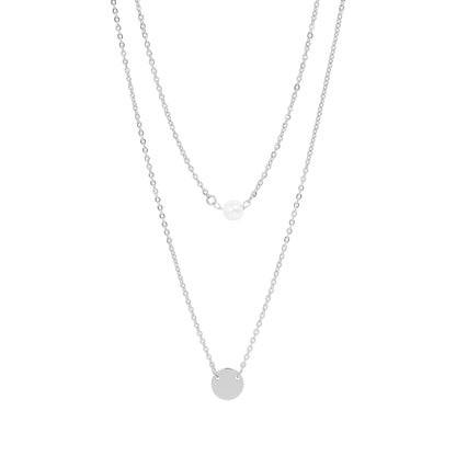 Silver Stainless Pearl and Disc Layered Necklace (Waterproof)