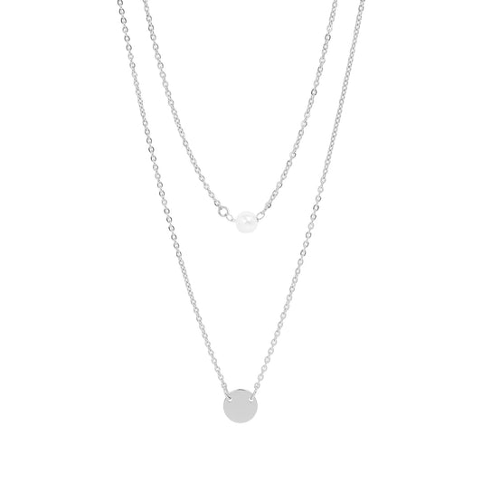 Silver Stainless Pearl and Disc Layered Necklace (Waterproof)