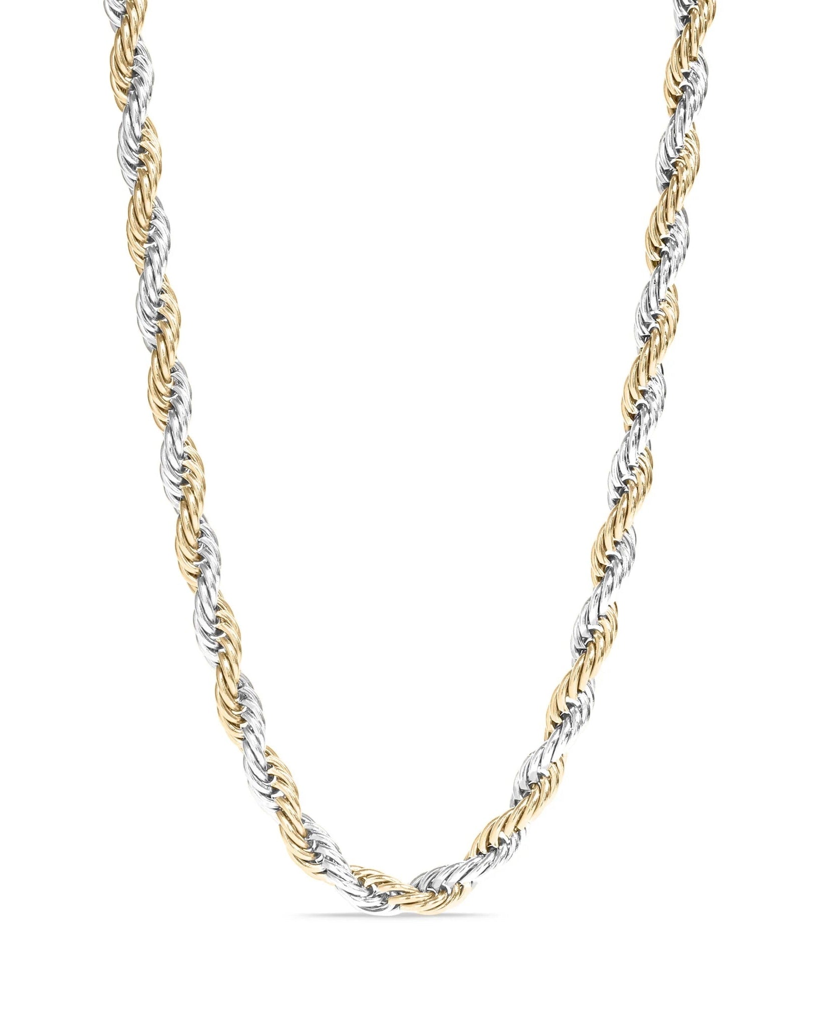 Two-tone gold and silver rope chain necklace on a white background.