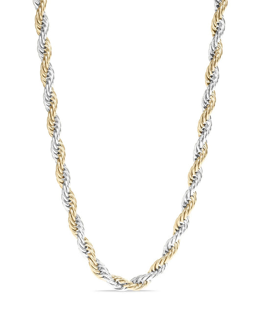 Two-tone gold and silver rope chain necklace on a white background.
