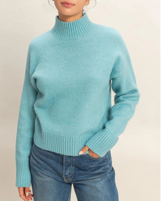 Sky blue turtleneck sweater with ribbed trim and relaxed fit.