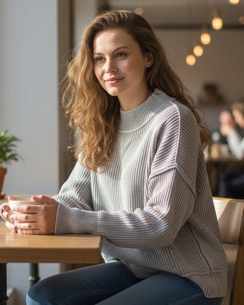 Woman wearing a grey sweater sitting at a table holding a cup in a casual setting.