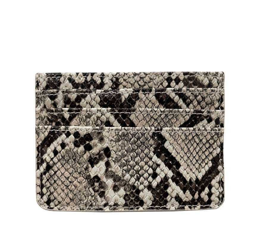 Slim vegan leather wallet with multiple card slots, shown in Snake Print. 