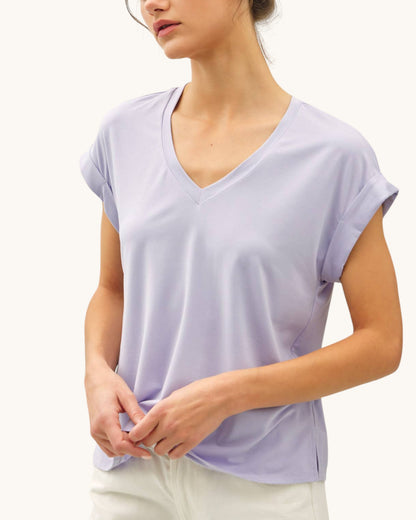 Soft modal lilac tee shirt with v-neckline.