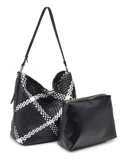 Black and white woven plaid handbag with a matching black pouch on a white background.