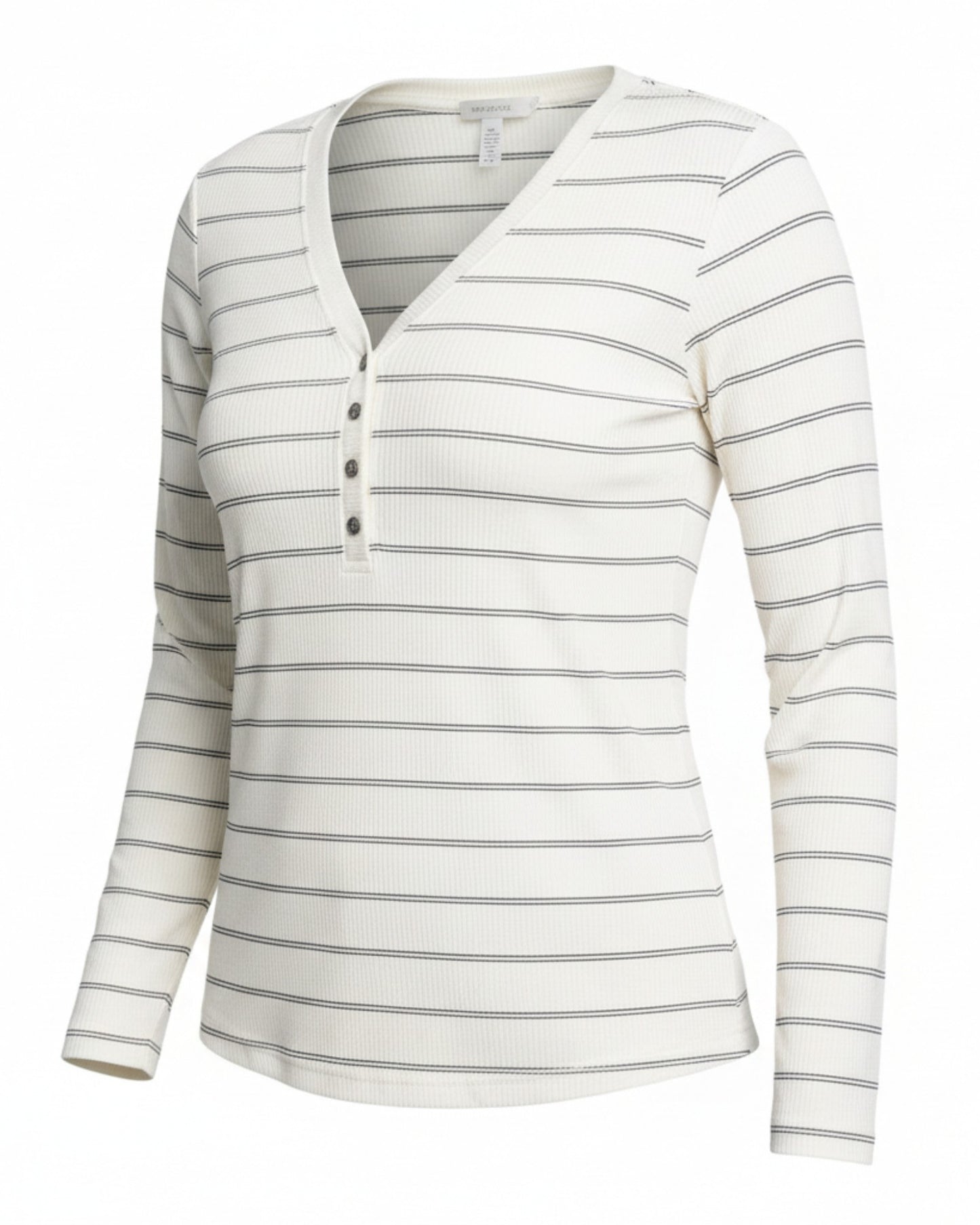 Off white and navy striped long sleeve Henley top with V neckline. 