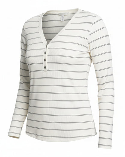 Off white and navy striped long sleeve Henley top with V neckline. 