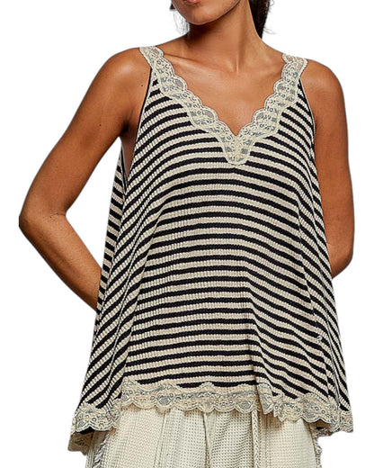Featherlight Striped Black & Sand Lace Tank Top