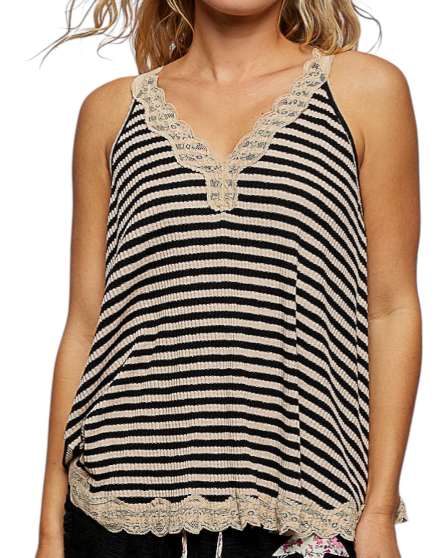 Featherlight Striped Black & Sand Lace Tank Top