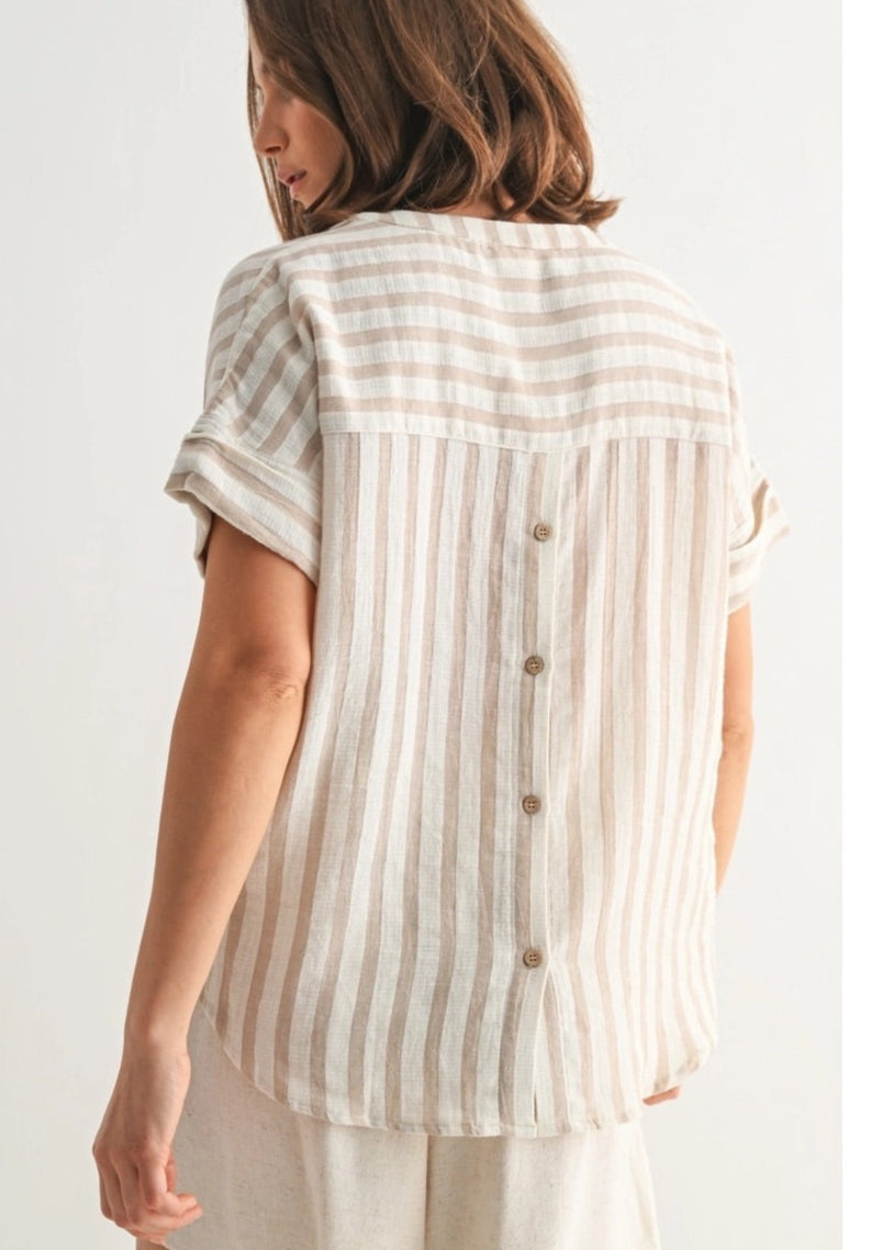 Taupe and ivory striped dolman cotton top with button details on back.