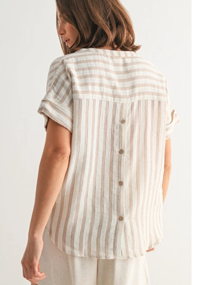 Taupe and ivory striped dolman cotton top with button details on back.