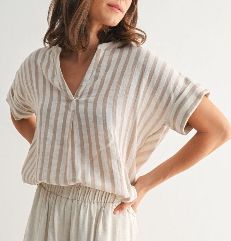 Taupe and ivory striped dolman cotton top with button details on back.
