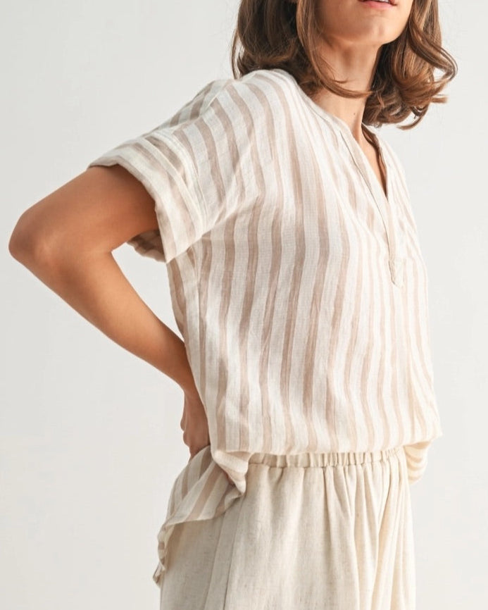 Taupe and ivory striped dolman cotton top with button details on back.
