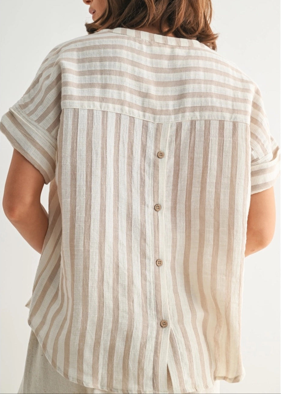 Taupe and ivory striped dolman cotton top with button details on back.