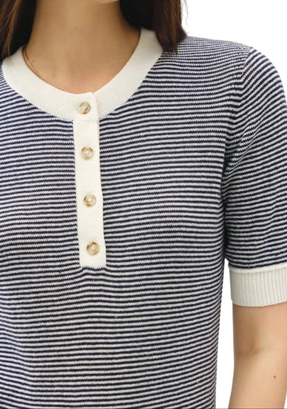Navy Contrast Short Sleeve Henley Sweater Top