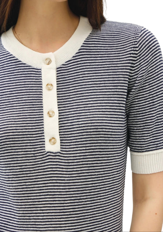Navy Contrast Short Sleeve Henley Sweater Top