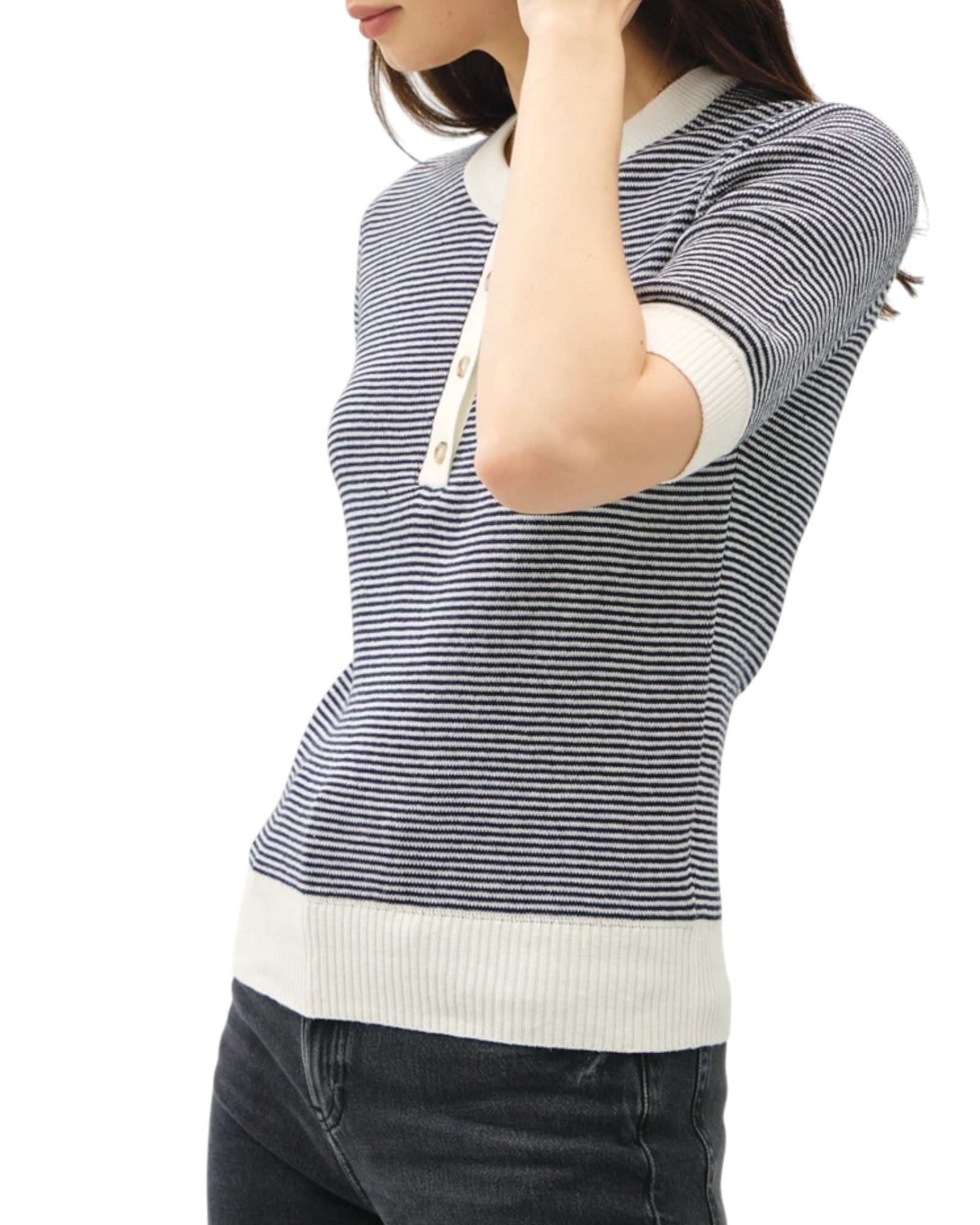 Navy and white striped henley sweater  with short sleeves and buttons on a white background.
