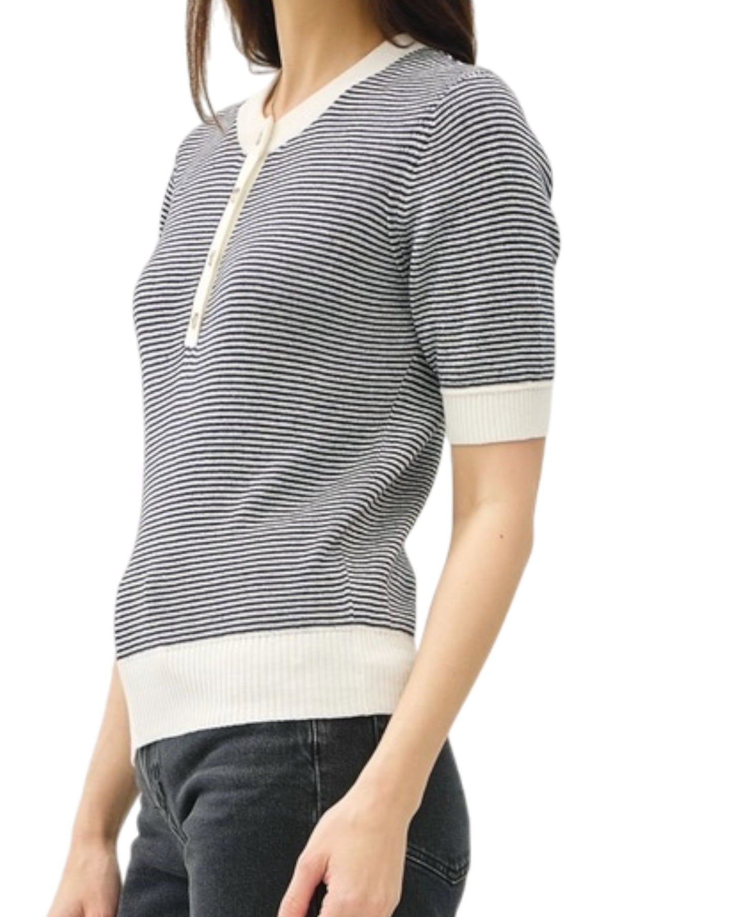 Navy and white striped henley sweater  with short sleeves and buttons on a white background.