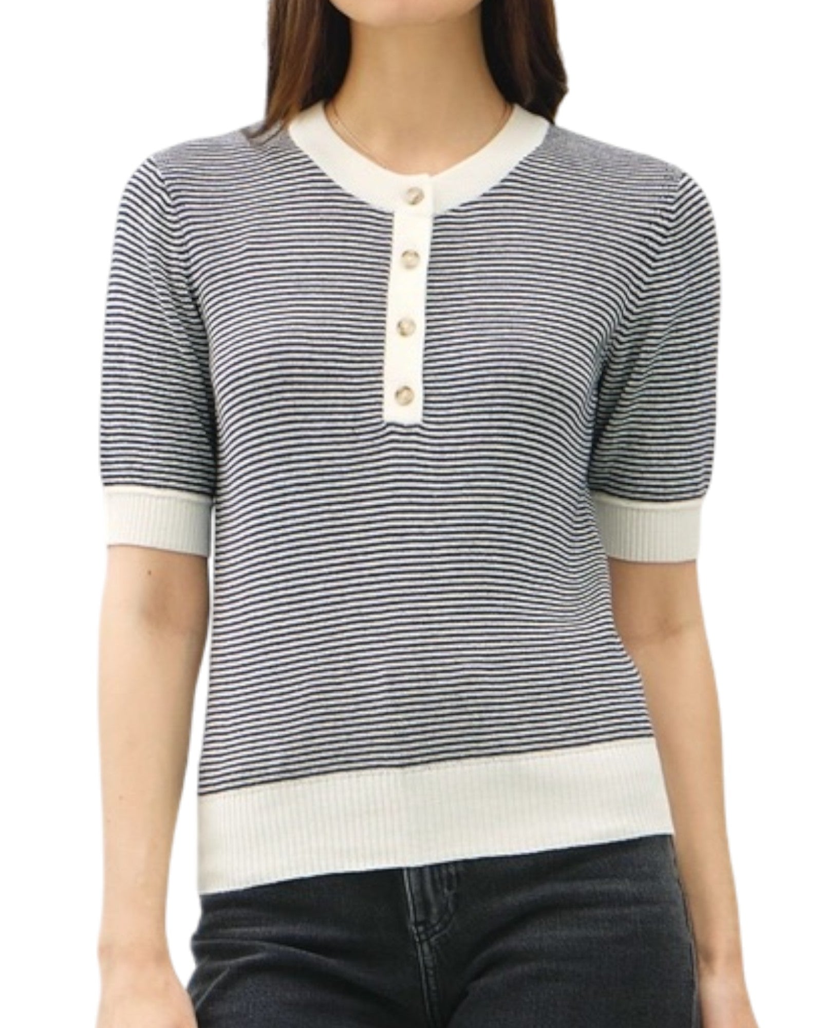 Woman wearing a navy and white striped shirt with a collar on a white background