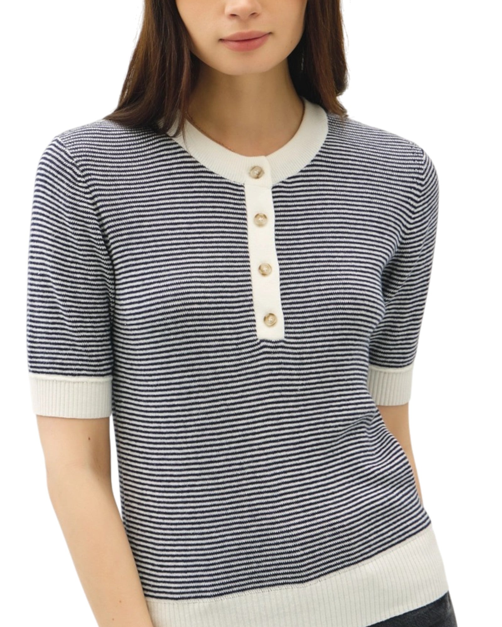 Navy and white striped henley sweater  with short sleeves and buttons on a white background.