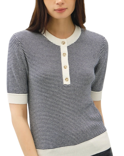 Navy and white striped henley sweater  with short sleeves and buttons on a white background.