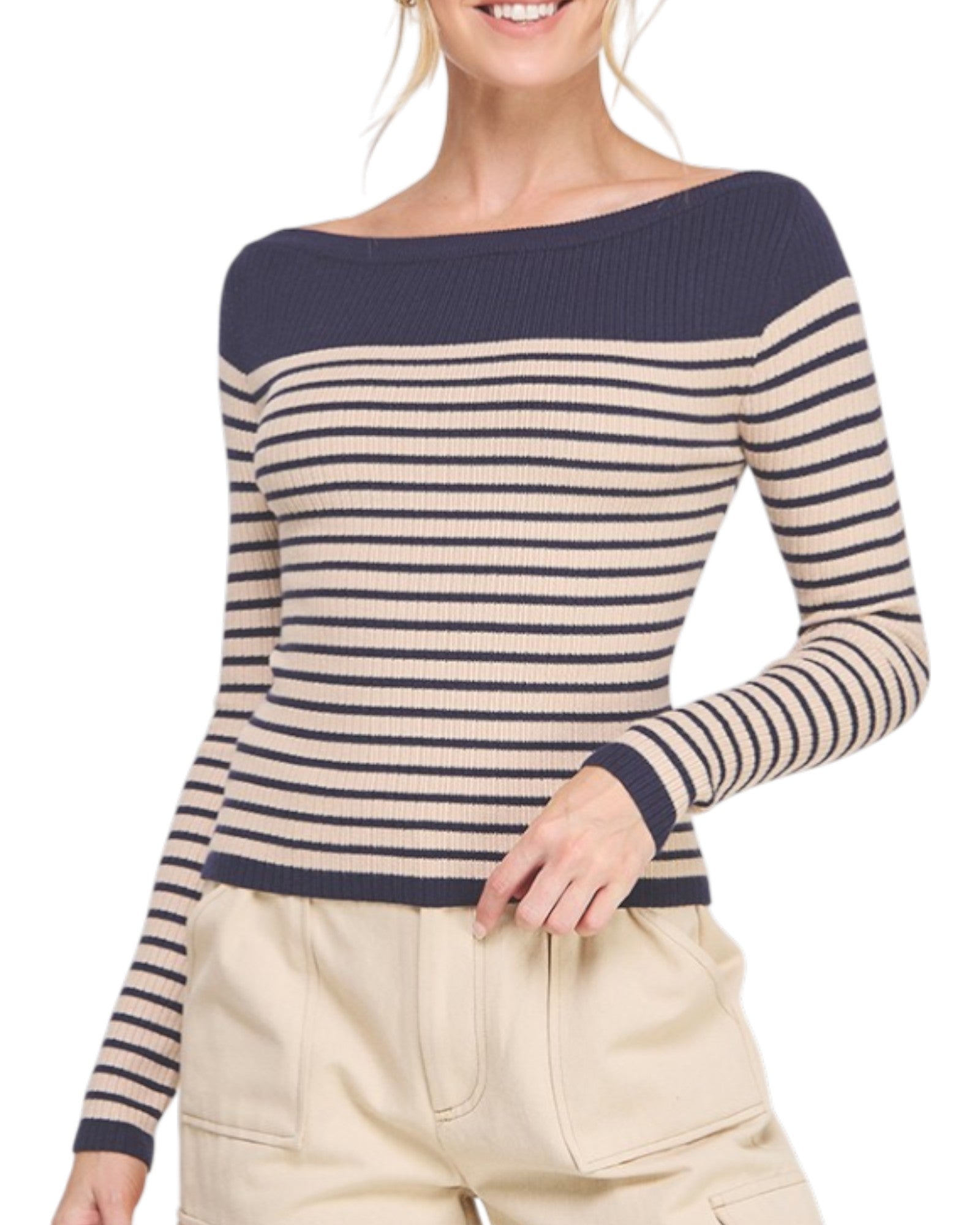 Woman wearing a navy and beige striped sweater on a white background.