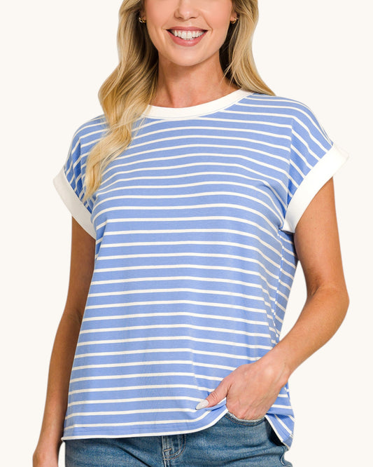 Blue and white striped t-shirt style top with contrasting white hem.