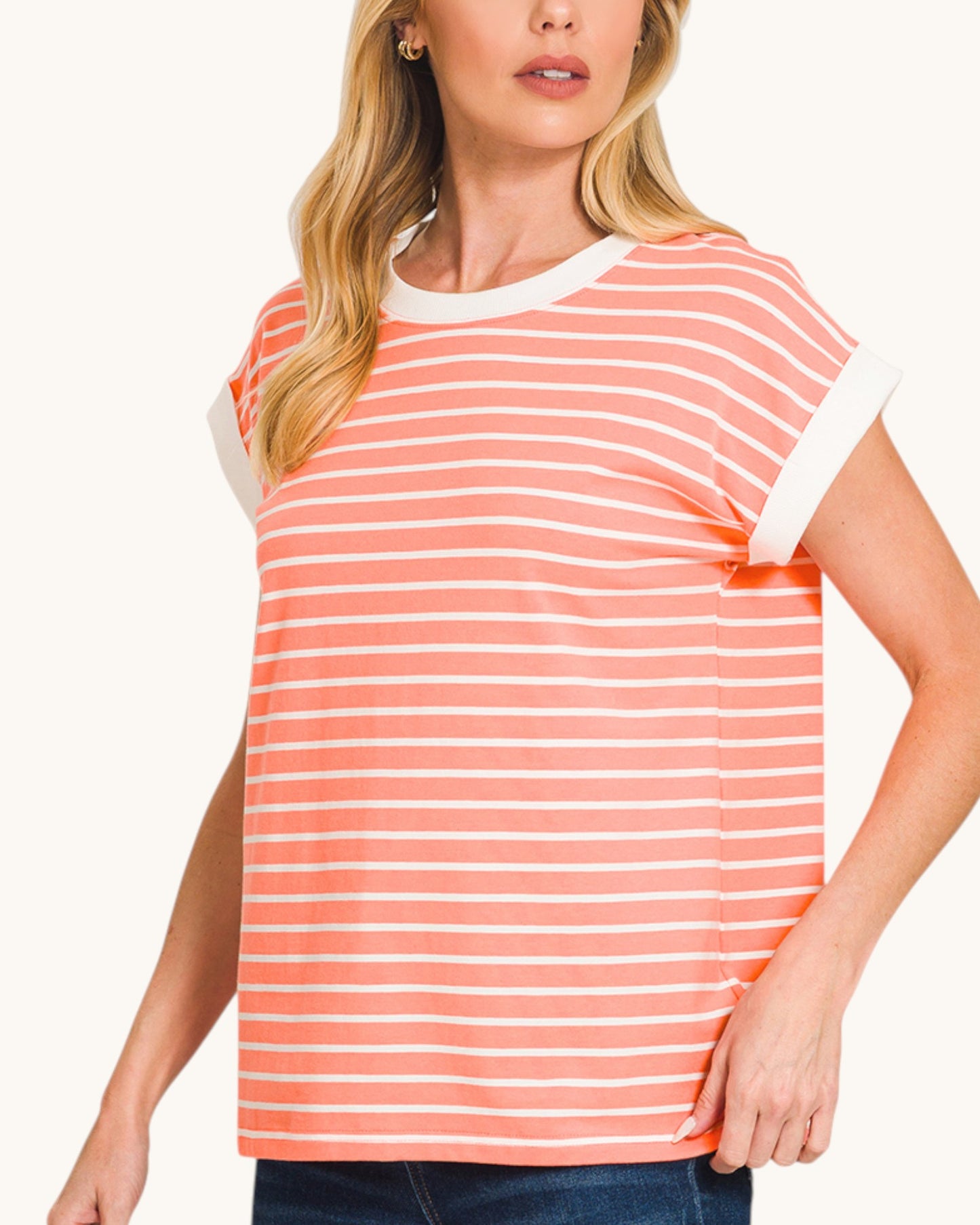 Coral and white tee shirt with white trim contrast top.