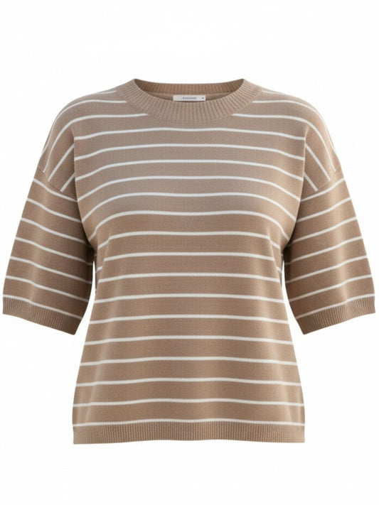 Taupe and White Striped Knit Short Sleeve Top