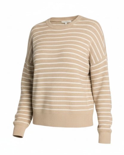Taupe and ivory striped ribbed knit sweater with crew neckline and relaxed fit