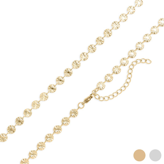 Gold sunburst necklace on a white background.