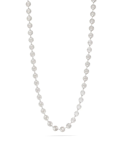 Silver sunburst necklace on a white background.