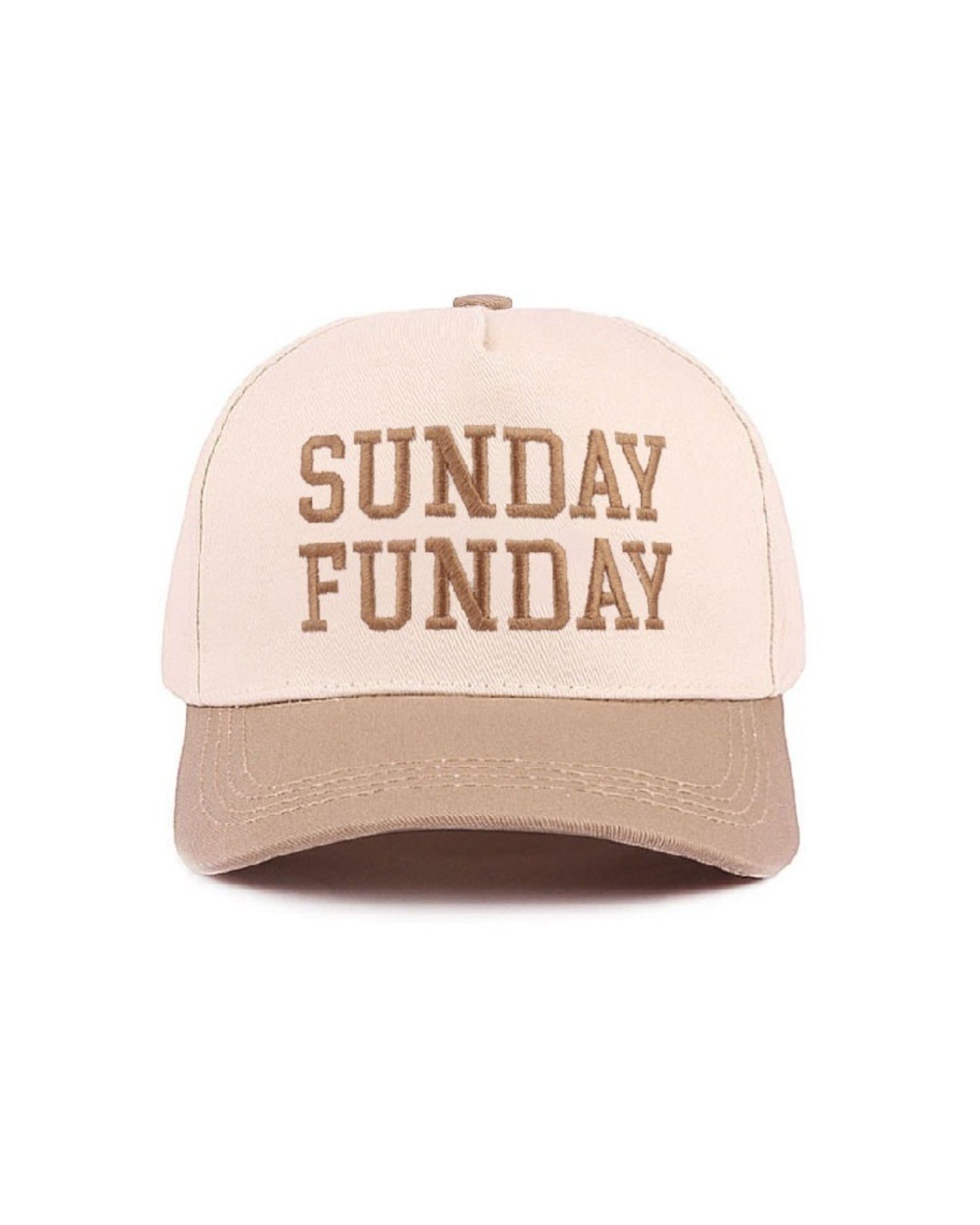 Beige cap with 'SUNDAY FUNDAY' text on a white background.