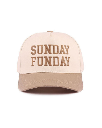 Beige cap with 'SUNDAY FUNDAY' text on a white background.