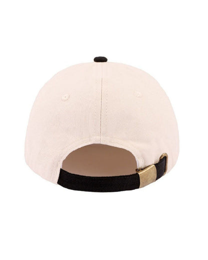 Beige cap with a black strap on a white background.