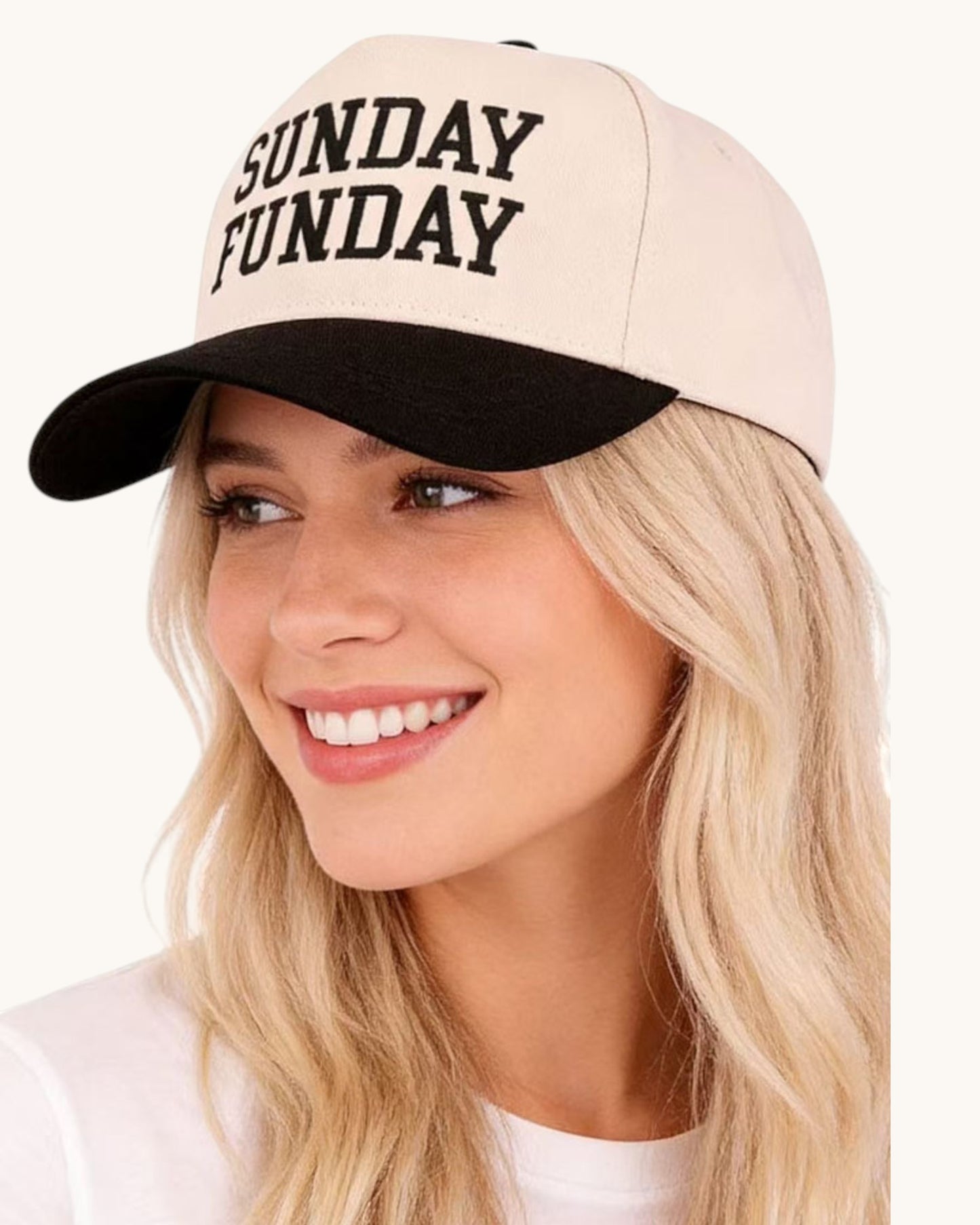 Woman wearing a beige cap with 'SUNDAY FUNDAY' text on a white background