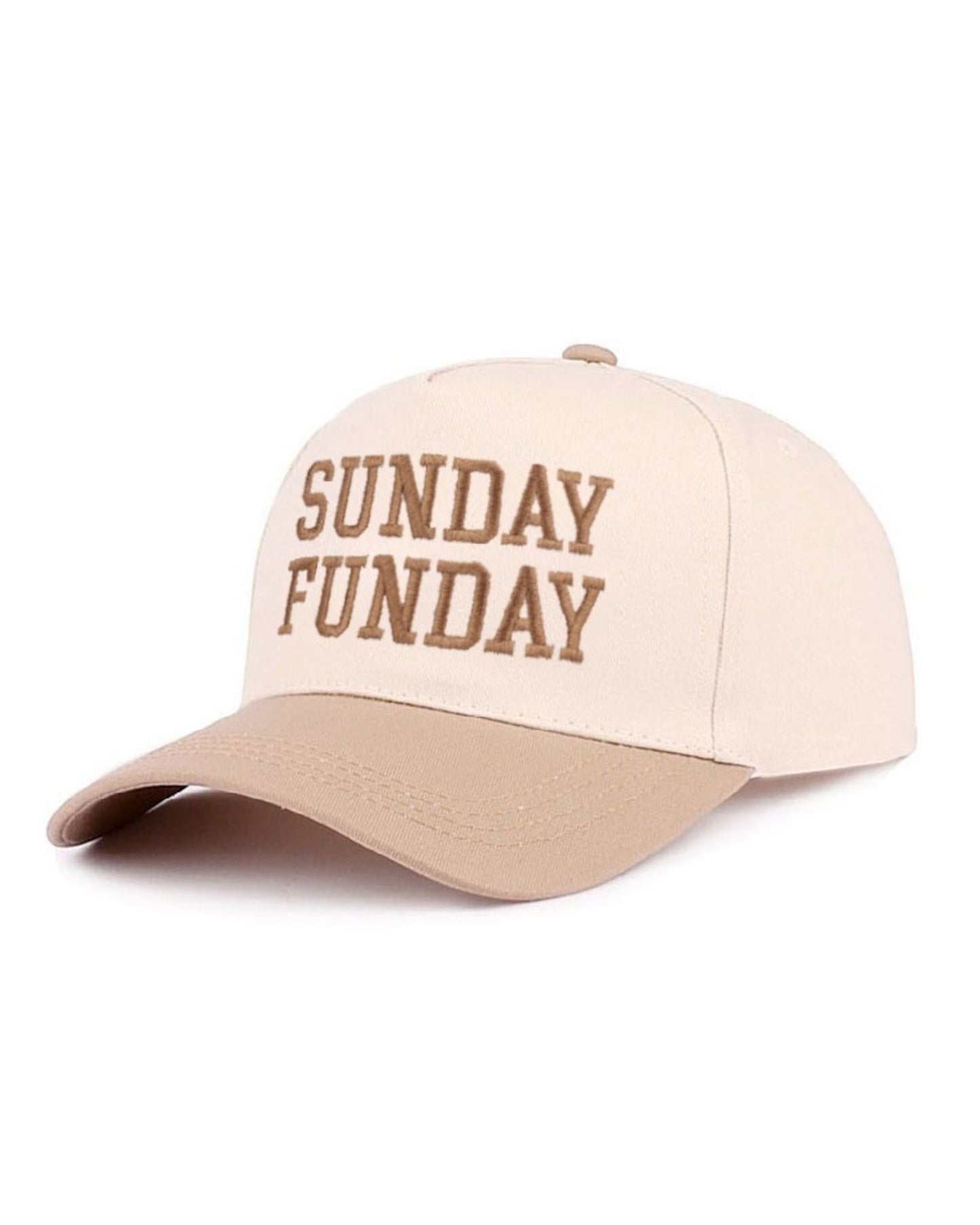 Beige cap with 'SUNDAY FUNDAY' text on a white background.