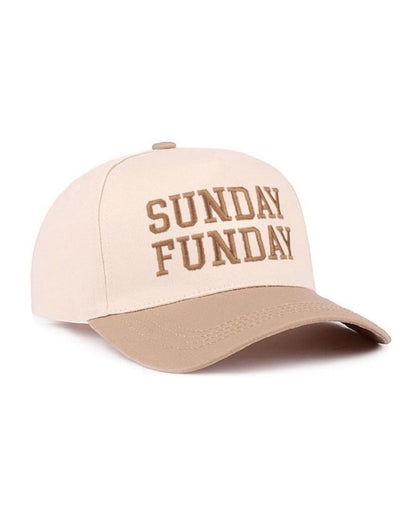 Beige cap with 'SUNDAY FUNDAY' text on a white background
