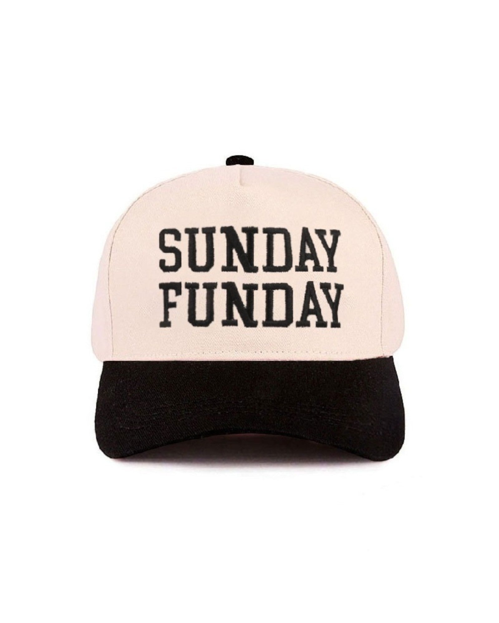 Beige and black cap with 'SUNDAY FUNDAY' text on a white background.