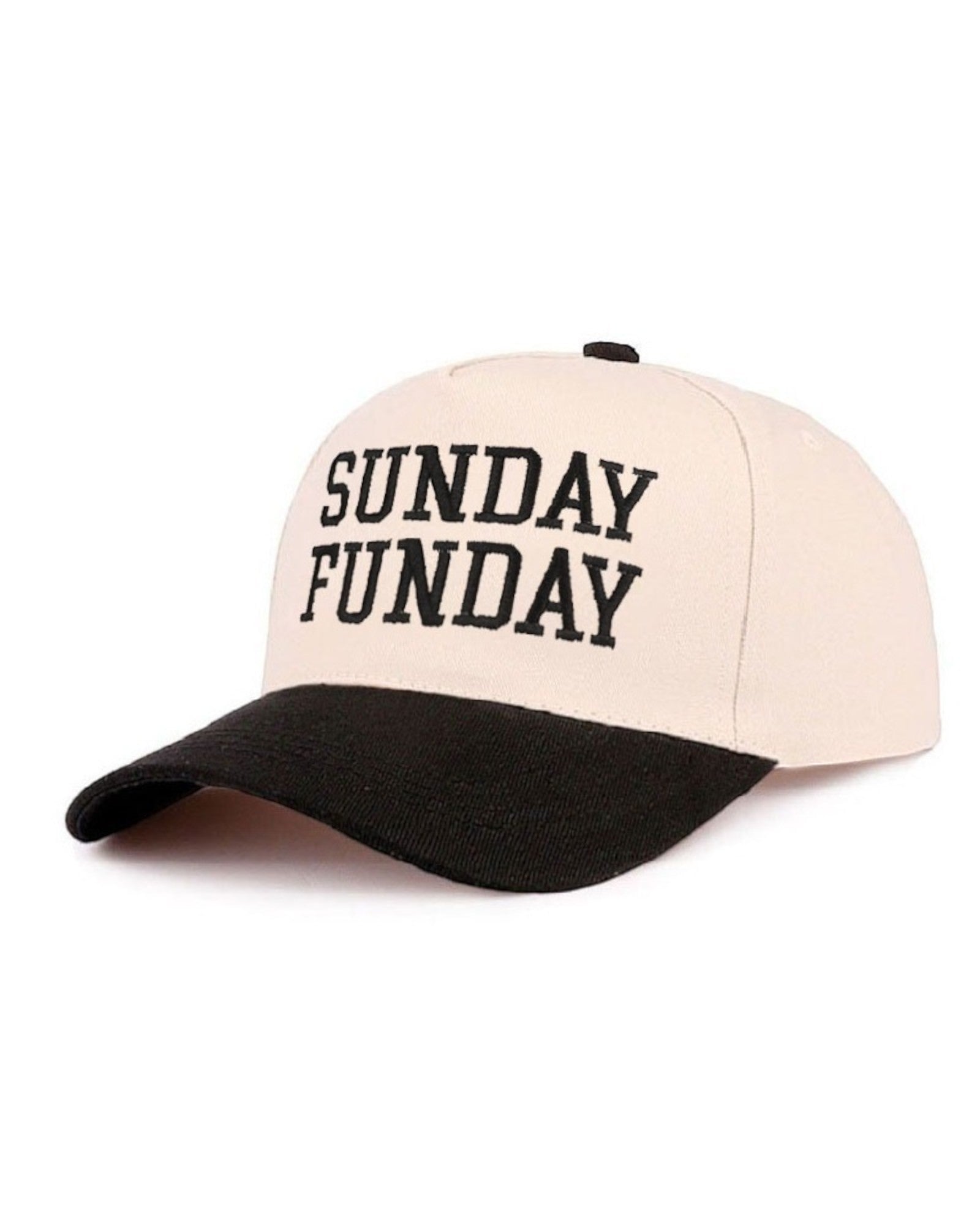 Beige and black cap with 'SUNDAY FUNDAE' text on a white background.