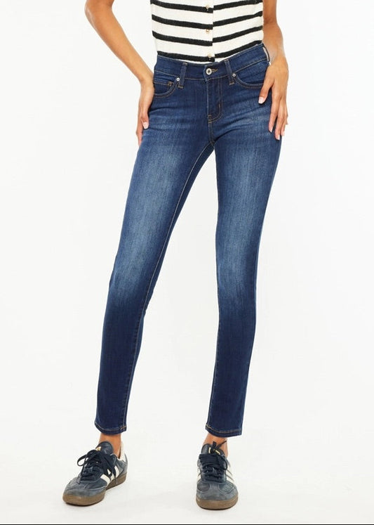 Kan Can Mid-Rise Super Skinny Jeans in dark wash denim with slim leg fit.