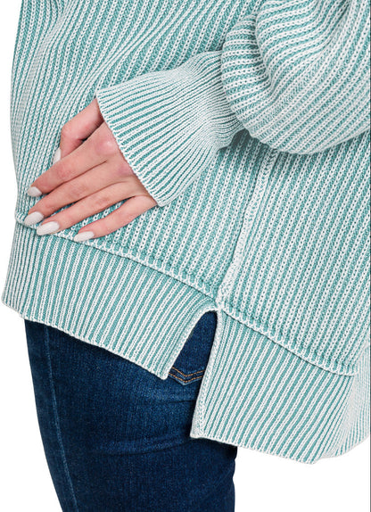 Teal and white striped sweater with bell sleeves worn by a person, on a white background.