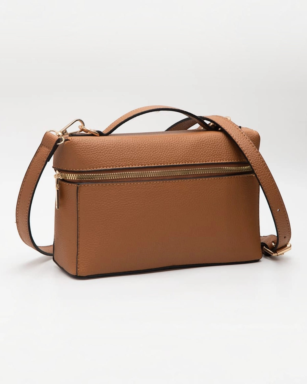 Chestnut Top Handle Crossbody Pebbled Faux Leather Handbag with adjustable and removable shoulder strap and gold hardware. 
