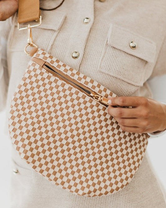 Tan and Cream Checker Pattern Woven Faux Leather Bum / Crossbody Bag