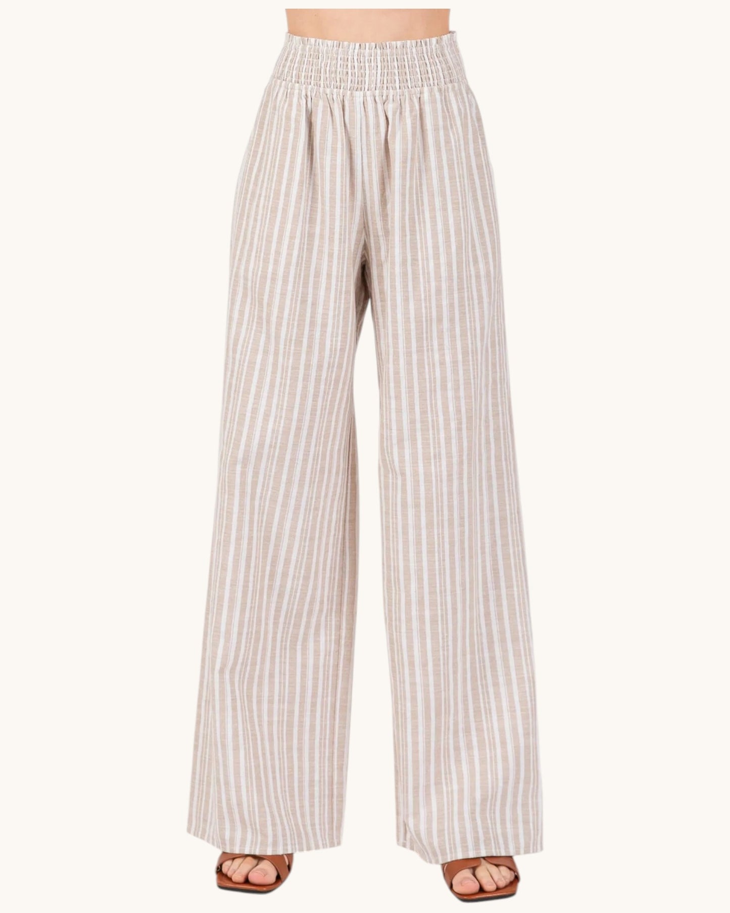 Linen Blend Striped Wide Leg Pants (Taupe and Ivory)