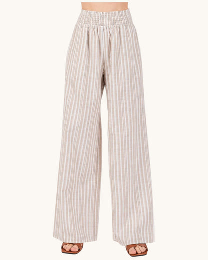 Linen Blend Striped Wide Leg Pants (Taupe and Ivory)