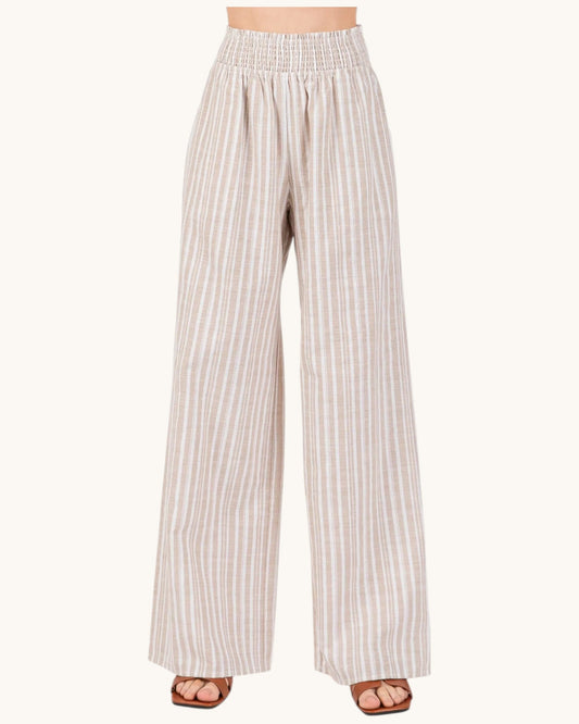 Linen Blend Striped Wide Leg Pants (Taupe and Ivory)