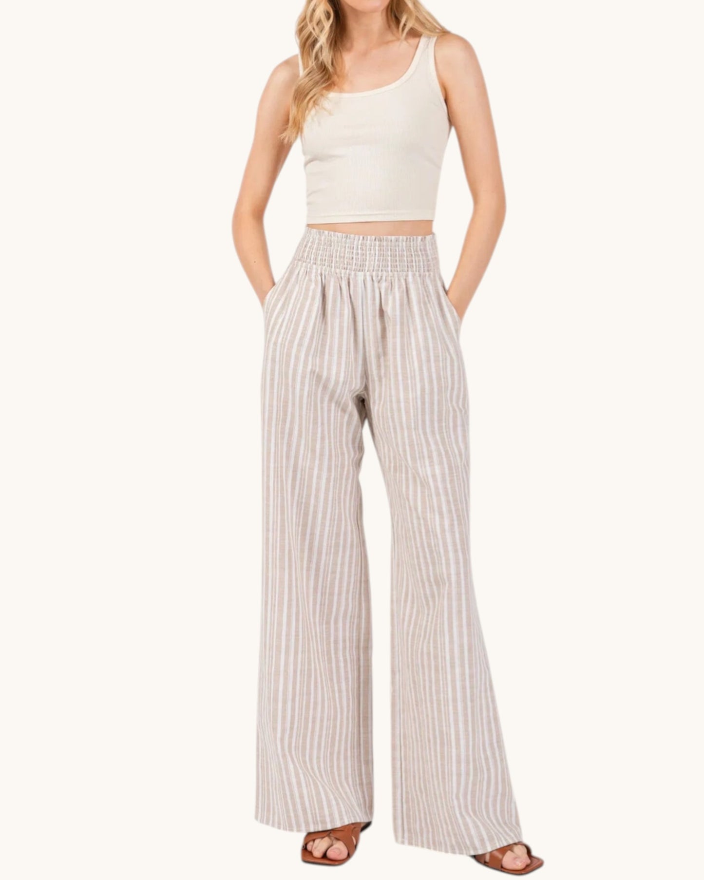 Linen Blend Striped Wide Leg Pants (Taupe and Ivory)