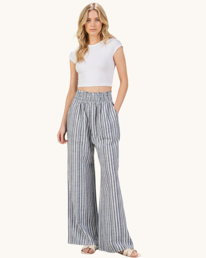 Linen Blend Striped Wide Leg Pants (Navy and Ivory)
