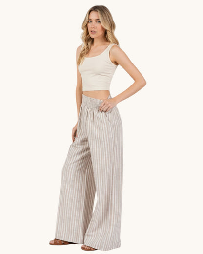 Linen Blend Striped Wide Leg Pants (Taupe and Ivory)